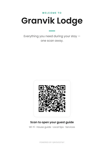A printed A5 sign in the Classic layout: the property name above a large QR code