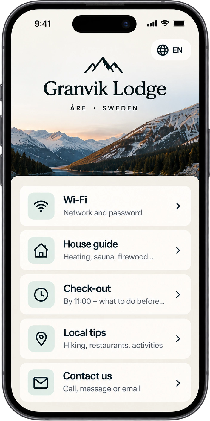 Der Gäste-Guide auf einem Telefon: Granvik Lodge, dann WLAN, Hausguide, Check-out, lokale Tipps und Kontakt.