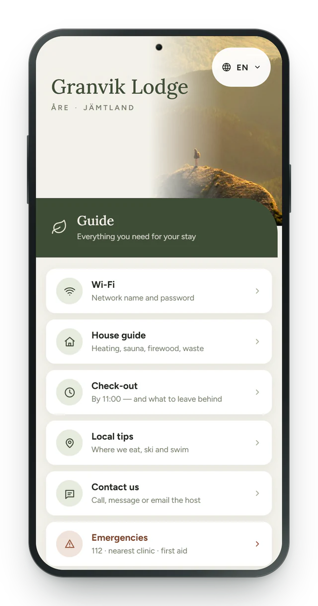 A guest guide open on a phone, showing the accommodation name and a list of services the guest can open