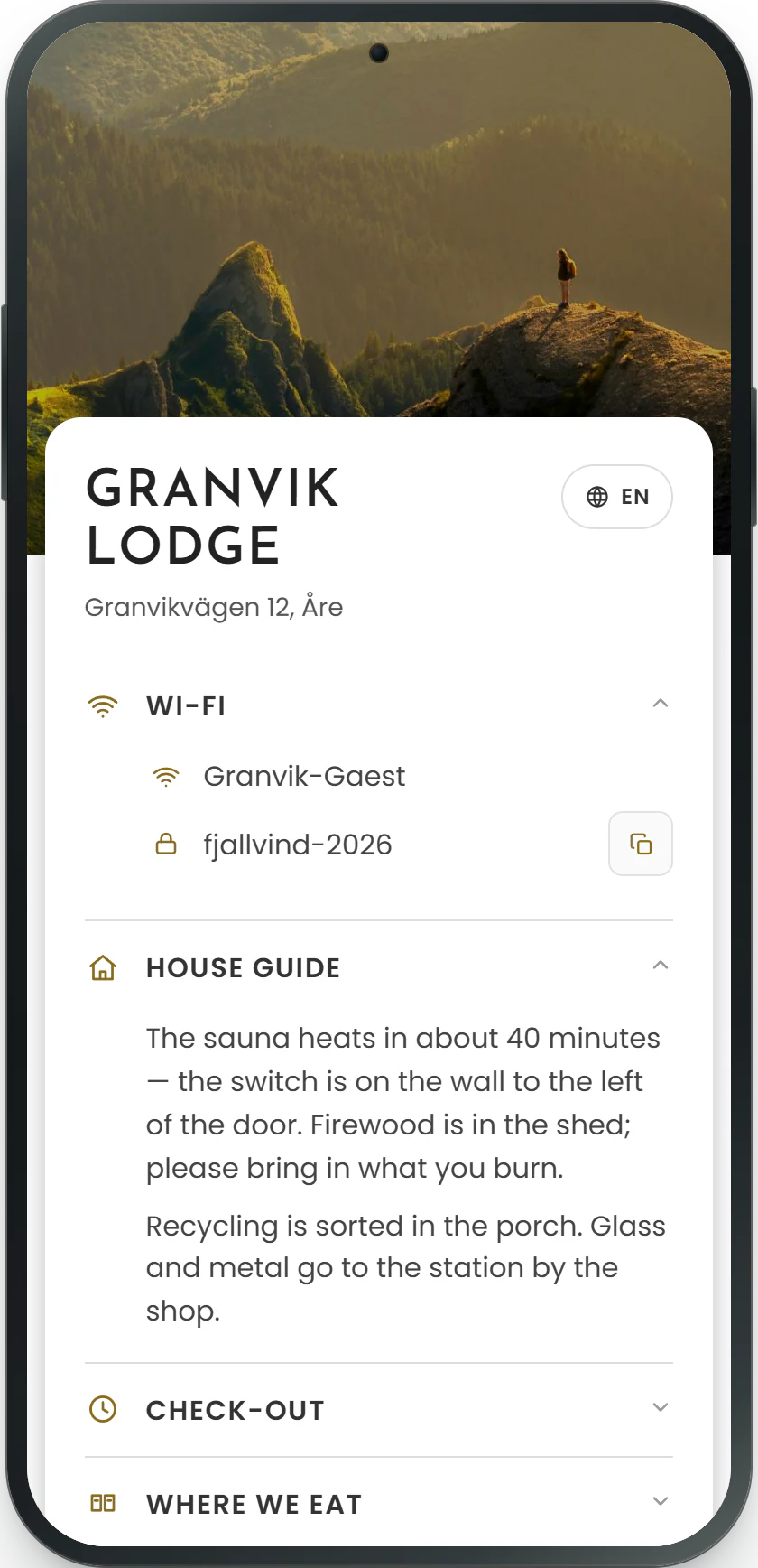 Ein Gäste-Guide mit geöffnetem WLAN-Netzwerk, Passwort und Hausguide.