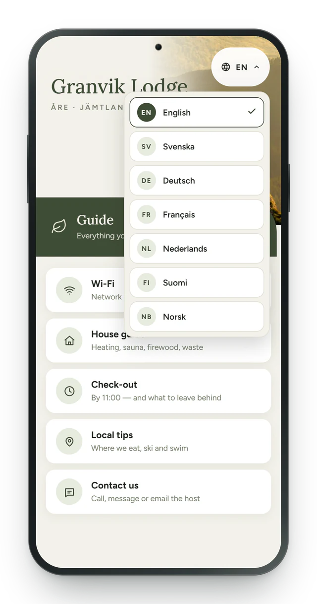 The language menu of a digital welcome book on a phone, each language written in its own script