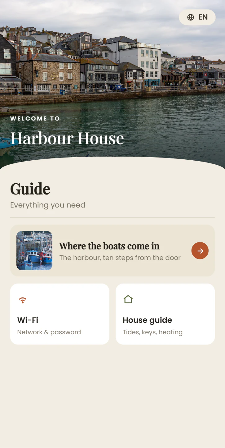 Boutique Editorial-Theme — Harbour House, eine fiktive Demo-Unterkunft.