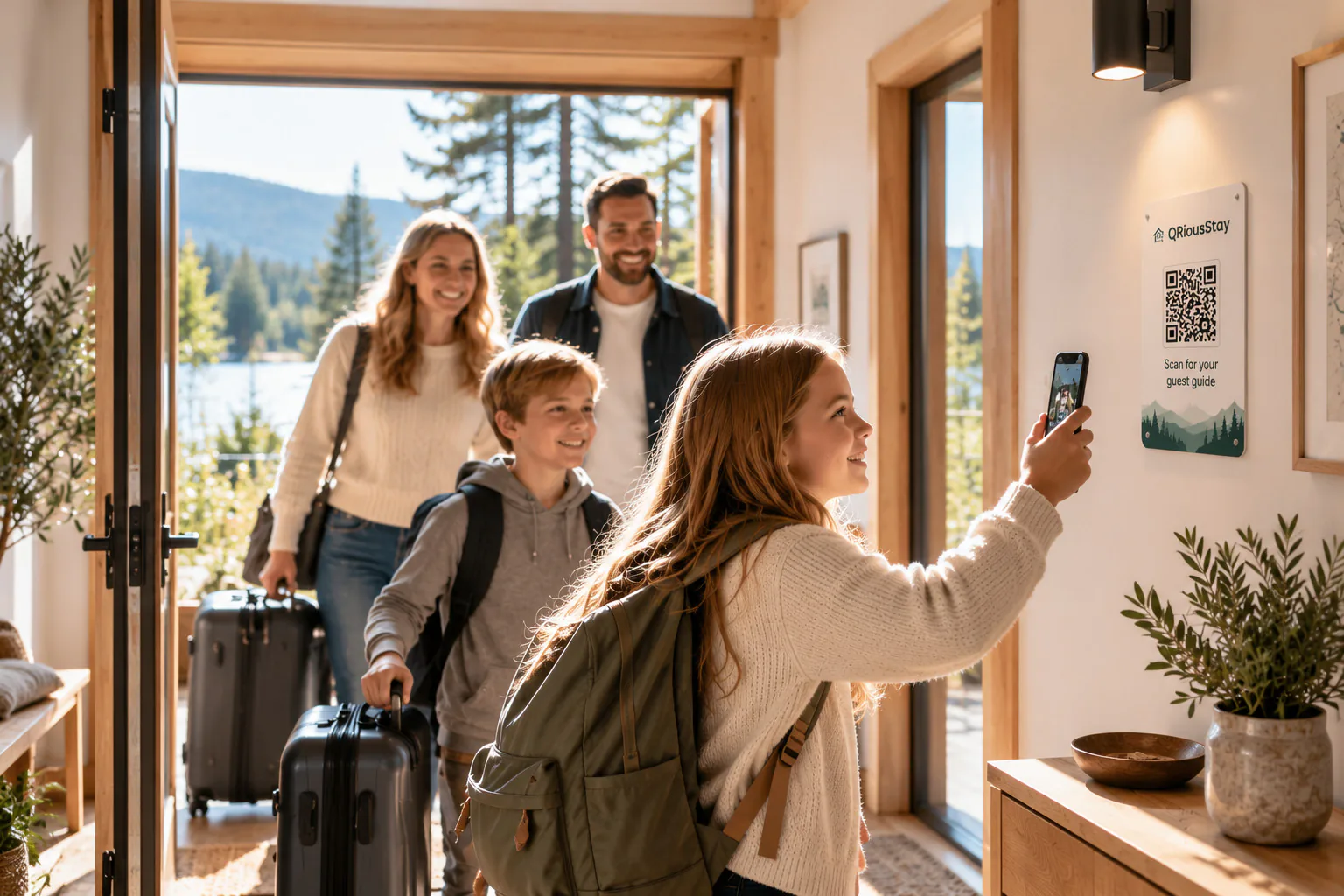 Eine Familie kommt mit Gepäck an einem Ferienhaus an, während ein Mädchen das QRiousStay-Schild an der Wand mit ihrem Smartphone scannt.
